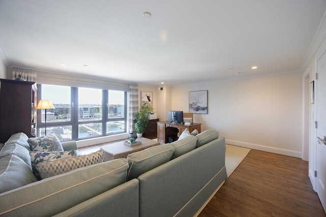 2001 Marina Dr Unit 707, Quincy, MA 02171 - living room featuring ornamental molding, wood finished floors, baseboards, recessed lighting, and a desk