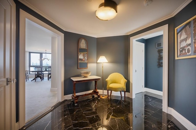 2001 Marina Dr Unit 707, Quincy, MA 02171 - sitting room featuring baseboards, a chandelier, crown molding, and dark marble finish flooring