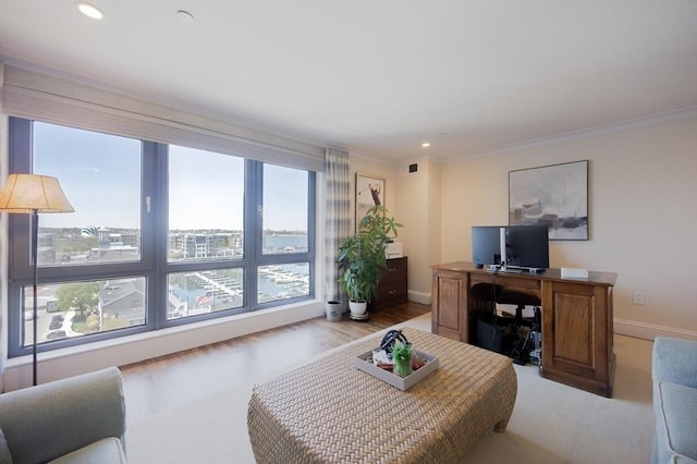 2001 Marina Dr Unit 707, Quincy, MA 02171 - living room featuring an office area, baseboards, ornamental molding, and recessed lighting