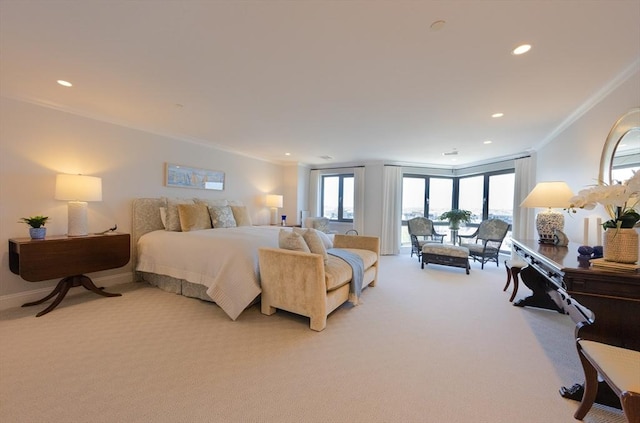 2001 Marina Dr Unit 707, Quincy, MA 02171 - bedroom with ornamental molding, light colored carpet, recessed lighting, and access to exterior
