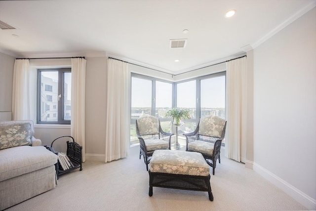 2001 Marina Dr Unit 707, Quincy, MA 02171 - living area featuring crown molding, light carpet, baseboards, and recessed lighting