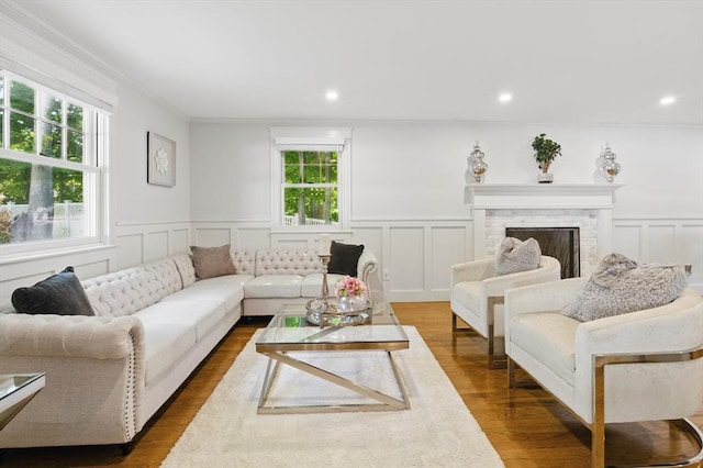 290 Lyman Rd, Milton, MA 02186 - living area with a decorative wall, crown molding, dark wood finished floors, a wainscoted wall, and a fireplace