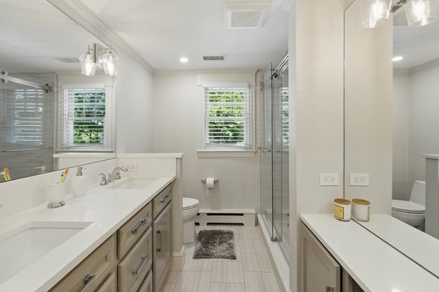 290 Lyman Rd, Milton, MA 02186 - full bath with toilet, a baseboard radiator, double vanity, a stall shower, and crown molding