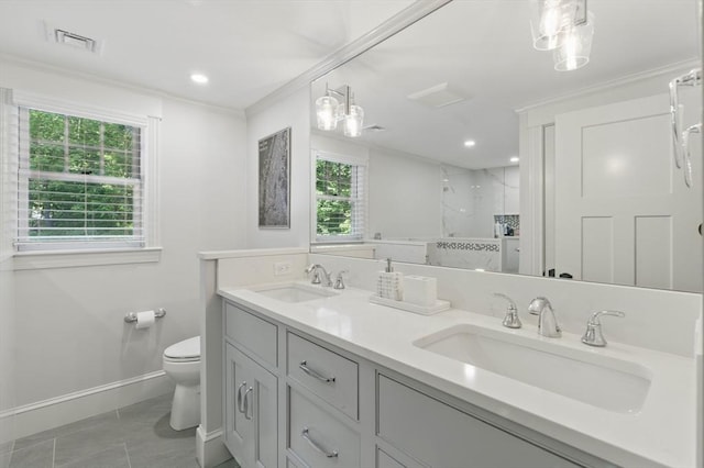 290 Lyman Rd, Milton, MA 02186 - full bathroom featuring toilet, a marble finish shower, double vanity, baseboards, and crown molding