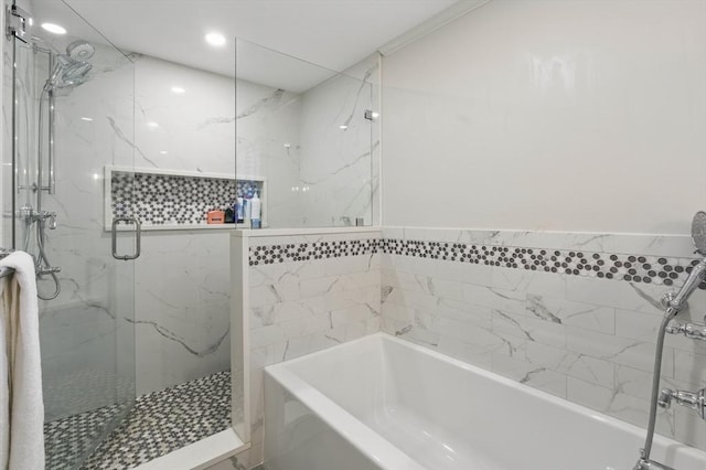 290 Lyman Rd, Milton, MA 02186 - full bathroom featuring a garden tub, a marble finish shower, and recessed lighting
