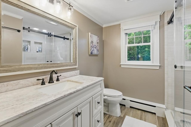 290 Lyman Rd, Milton, MA 02186 - full bath with a baseboard heating unit, vanity, wood finished floors, a stall shower, and toilet