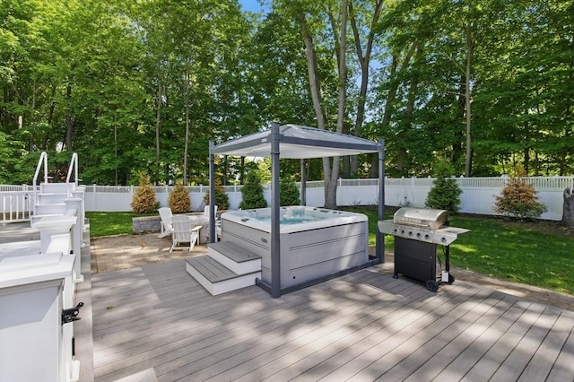 290 Lyman Rd, Milton, MA 02186 - deck with a hot tub, a grill, a fenced backyard, and view of wooded area