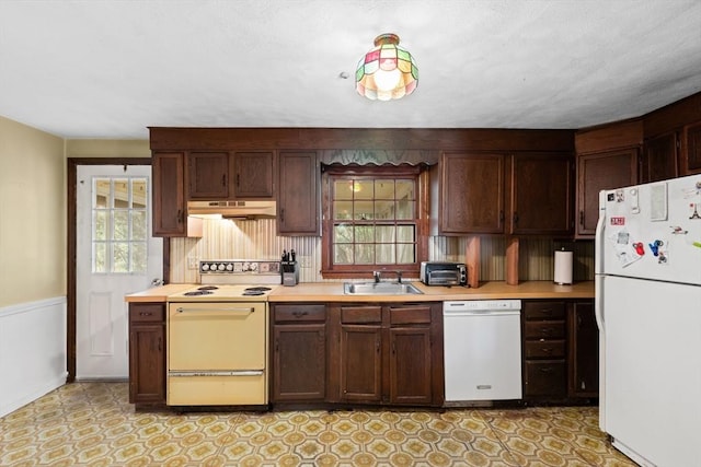 kitchen featuring light countertops, white appliances, a sink, and a healthy amount of sunlight