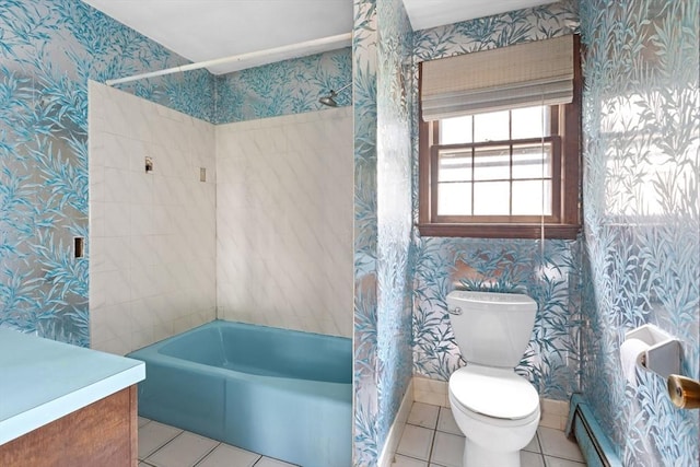 full bath featuring wallpapered walls, baseboard heating, toilet, and tile patterned floors