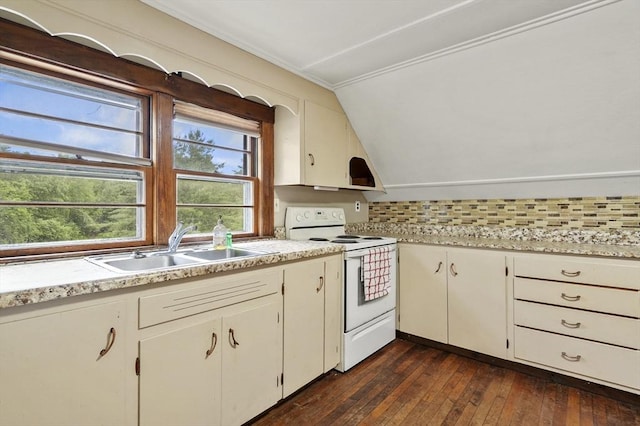 3 Cranberry Meadow Shore Rd, Charlton, MA 01507 - kitchen featuring white range with electric stovetop, light countertops, dark wood-style flooring, vaulted ceiling, and crown molding