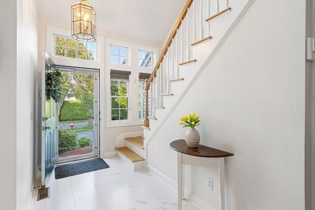 74 Hidden Bay Dr Unit 74, Dartmouth, MA 02748 - foyer with stairs, marble finish floors, and a chandelier