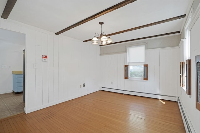 empty room featuring an inviting chandelier, light wood-type flooring, beam ceiling, and a baseboard heating unit