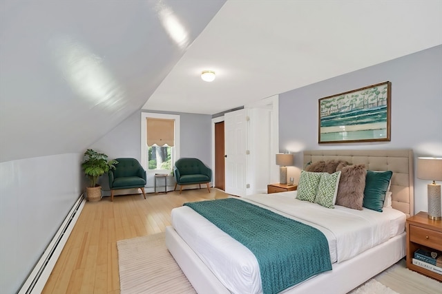 bedroom featuring a baseboard radiator, wood-type flooring, and lofted ceiling