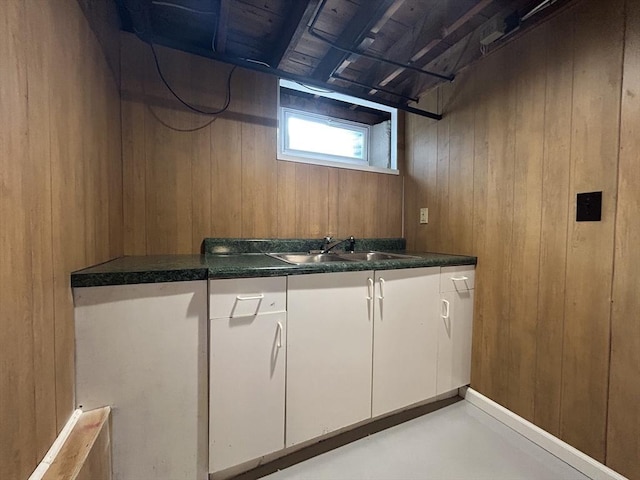 interior space with a sink and wooden walls