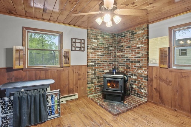 6 Batten St, Webster, MA 01570 - living area featuring a wood stove, a baseboard radiator, wooden ceiling, wainscoting, and ceiling fan