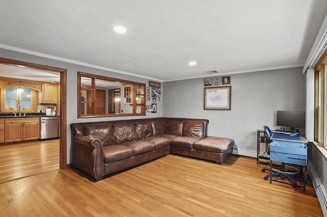 6 Batten St, Webster, MA 01570 - living room featuring light wood-style flooring, recessed lighting, baseboards, ornamental molding, and a desk