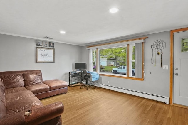 6 Batten St, Webster, MA 01570 - living area with baseboard heating, wood finished floors, an office area, crown molding, and recessed lighting
