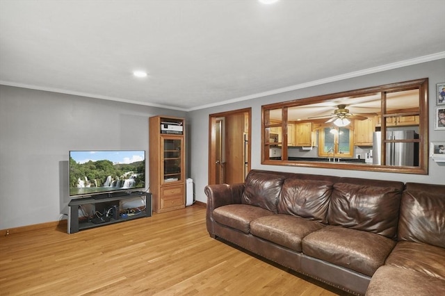 6 Batten St, Webster, MA 01570 - living room with light wood finished floors, crown molding, a ceiling fan, baseboards, and recessed lighting