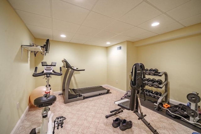 workout area featuring recessed lighting, visible vents, carpet flooring, and baseboards