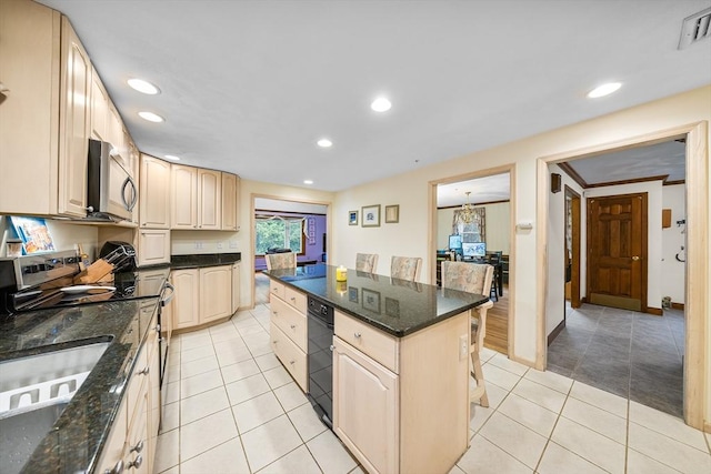 89 Gray St, North Andover, MA 01845 - kitchen with appliances with stainless steel finishes, a center island, light tile patterned floors, light brown cabinetry, and recessed lighting