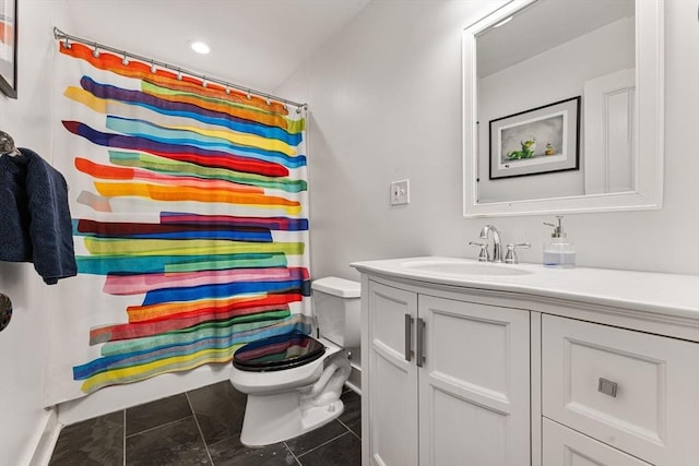 full bathroom with tile patterned flooring, vanity, toilet, a shower with shower curtain, and recessed lighting