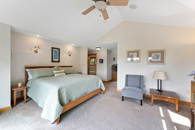 bedroom featuring ceiling fan, lofted ceiling, and light carpet