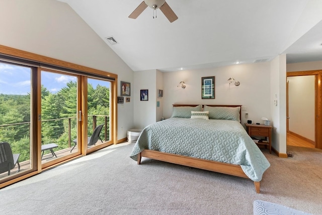 bedroom with carpet floors, high vaulted ceiling, ceiling fan, and access to exterior