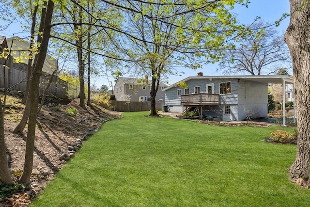view of yard with fence and a wooden deck