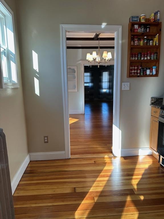 hallway with a chandelier and hardwood / wood-style flooring