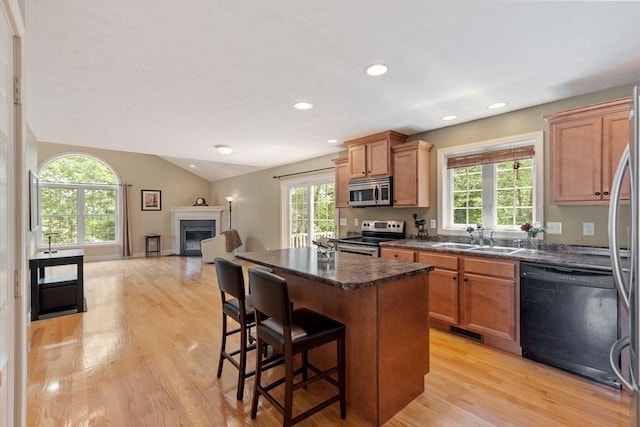 65 Saint Anthony St, Fitchburg, MA 01420 - kitchen featuring stainless steel appliances, a sink, light wood-type flooring, lofted ceiling, and open floor plan