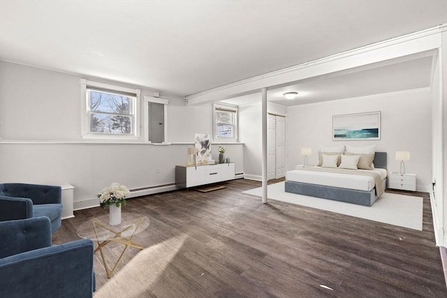 bedroom featuring dark wood-style flooring, multiple windows, baseboard heating, and electric panel