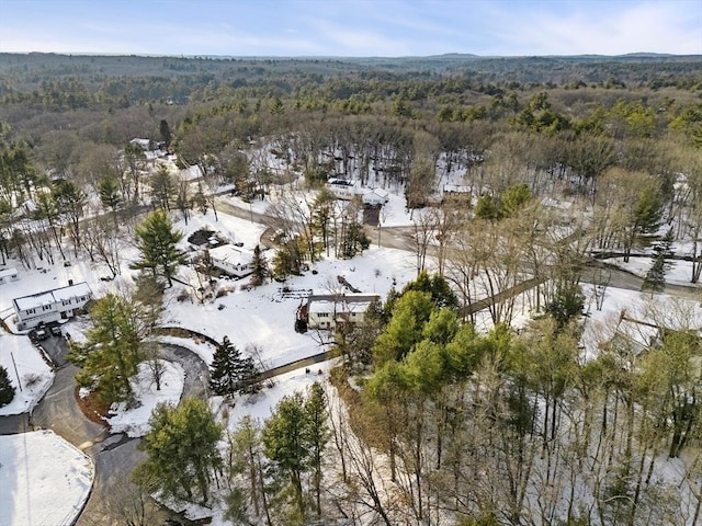 snowy aerial view featuring a wooded view