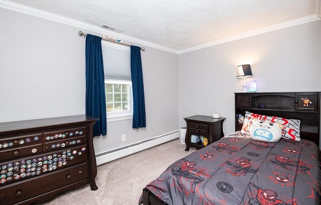 carpeted bedroom featuring ornamental molding and baseboard heating