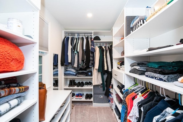 spacious closet featuring light carpet