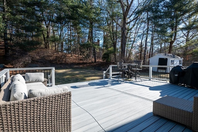 wooden deck with a storage unit