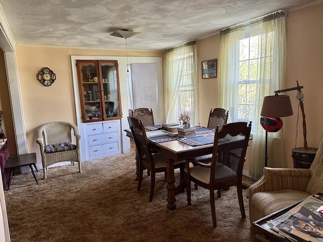 dining area featuring carpet, a textured ceiling, and crown molding