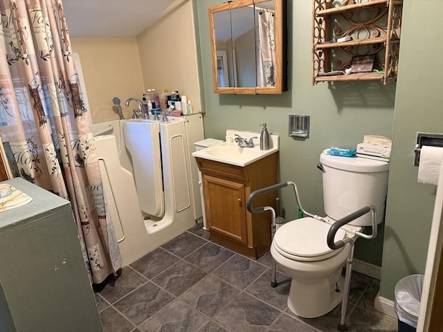 full bath featuring toilet, a shower with curtain, vanity, tile patterned floors, and a bath