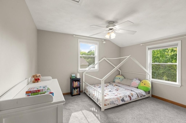 6 2nd Ave, Wilmington, MA 01887 - carpeted bedroom with baseboards, multiple windows, vaulted ceiling, and a ceiling fan