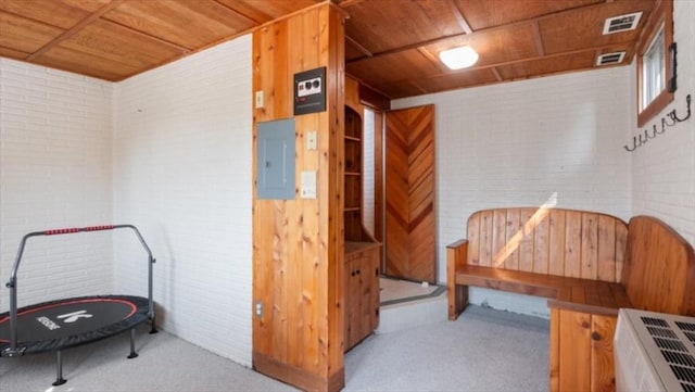 28 Philmart Dr, New Ipswich, NH 03071 - sitting room with electric panel, carpet flooring, brick wall, and wood ceiling