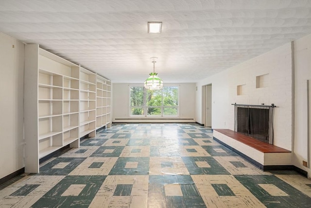 unfurnished living room featuring a brick fireplace