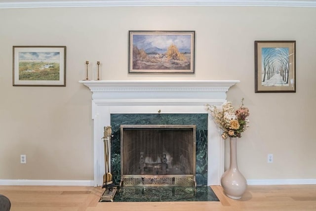 interior details featuring a fireplace, wood finished floors, and baseboards