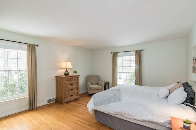 bedroom with light wood-type flooring, visible vents, baseboards, and multiple windows