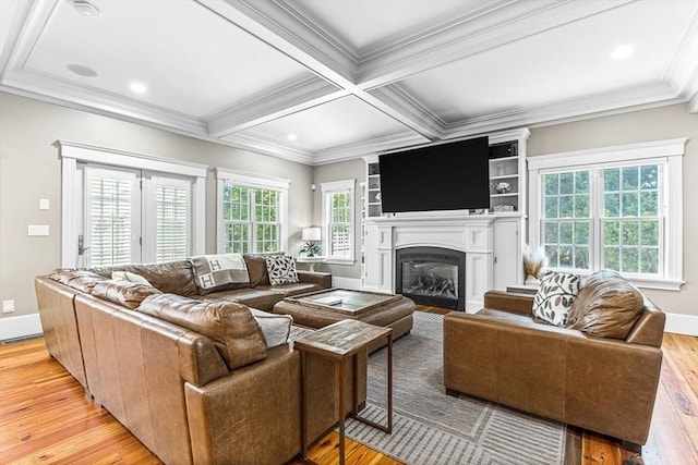 25 Wedgemere Ave, Winchester, MA 01890 - living room with light wood-type flooring, a glass covered fireplace, healthy amount of natural light, crown molding, and baseboards