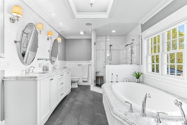 25 Wedgemere Ave, Winchester, MA 01890 - full bathroom featuring crown molding, a shower stall, a garden tub, toilet, and double vanity