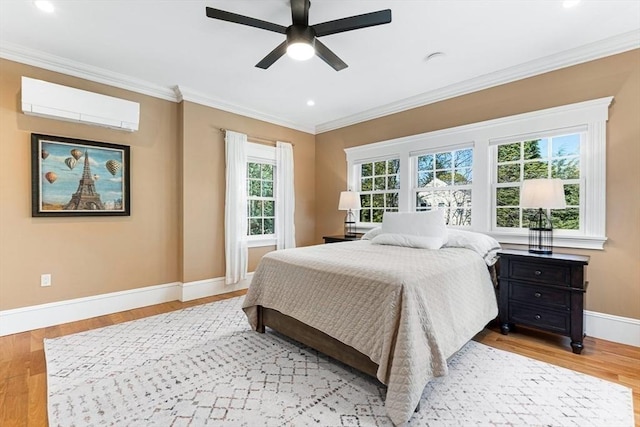 25 Wedgemere Ave, Winchester, MA 01890 - bedroom featuring a wall mounted air conditioner, crown molding, baseboards, wood finished floors, and recessed lighting