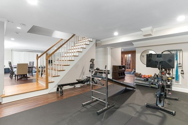 25 Wedgemere Ave, Winchester, MA 01890 - exercise room with decorative columns, ornamental molding, and recessed lighting