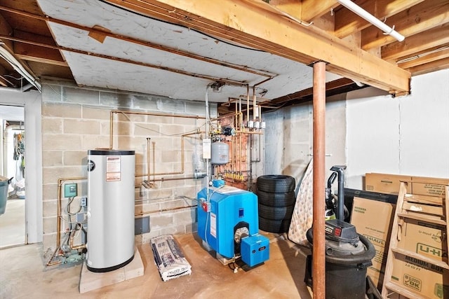 unfinished basement with water heater and a heating unit