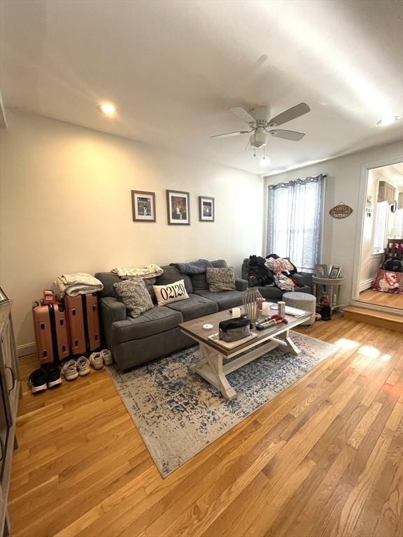 living room featuring ceiling fan and light hardwood / wood-style flooring