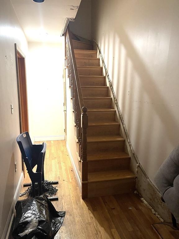 staircase with hardwood / wood-style flooring