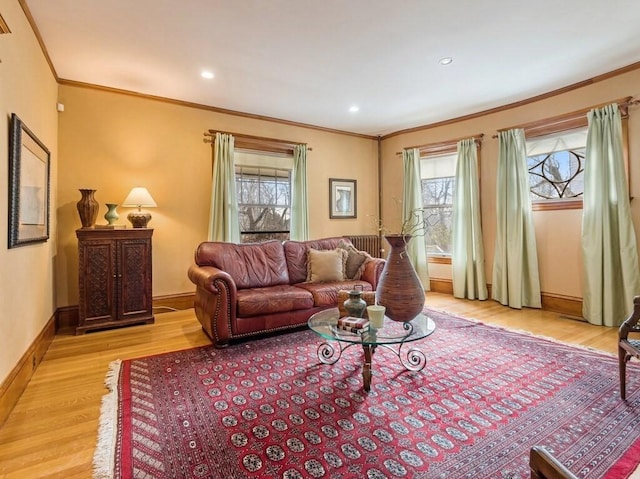 living room with crown molding and light wood-type flooring